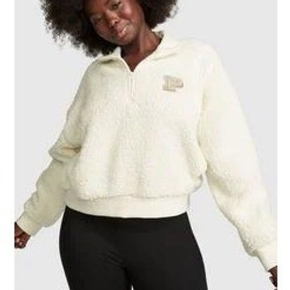 PINK by‎ Victoria's Secret Sherpa Quarter Zip Sweatshirt Cream White Logo M